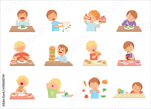 Set of cute kids do not like vegetables and enjoying eating of fast food cartoon vector Illustration