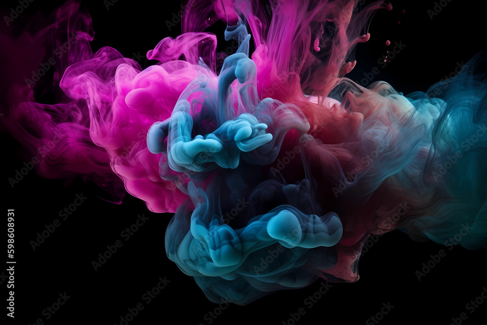 3D Color mist, ink water smoke, haze texture, paint splash, fantasy explosion, blue and pink stem cloud blend on dark black abstract art background wallpaper