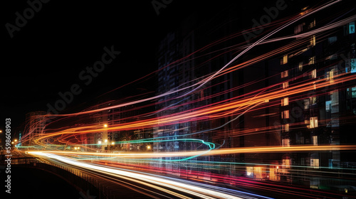 abstract long exposure dynamic speed light trails in an urban environment, Abstract colored light at night, Generative ai