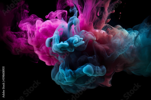 3D Color mist, ink water smoke, haze texture, paint splash, fantasy explosion, blue and pink stem cloud blend on dark black abstract art background wallpaper