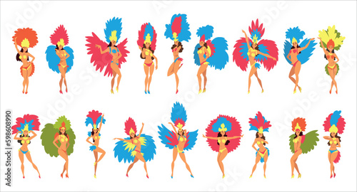 Young women in bright costumes dancing at Brazil carnival set. Latino women in feather bikini dress cartoon vector Illustration