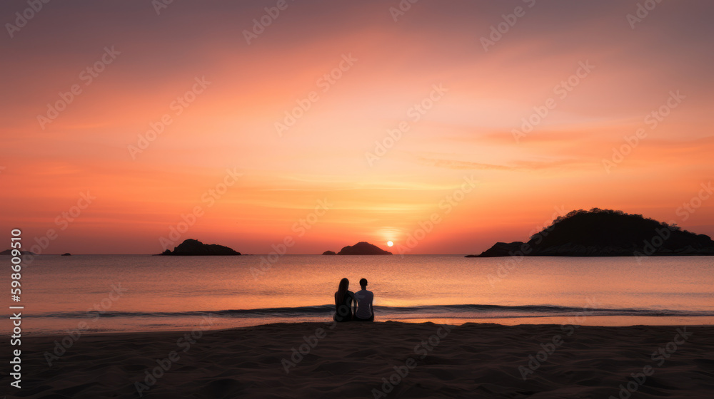 couple amoureux sur une plage au couché du soleil