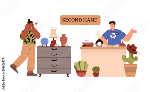 Smiling man standing behind second hand counter, enthusiastic client flat style