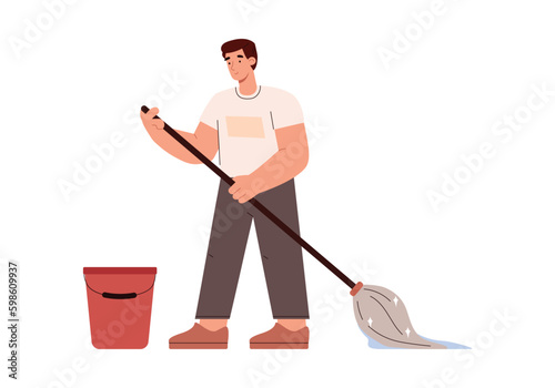 Man washes the floor in house with mop cartoon vector illustration isolated.