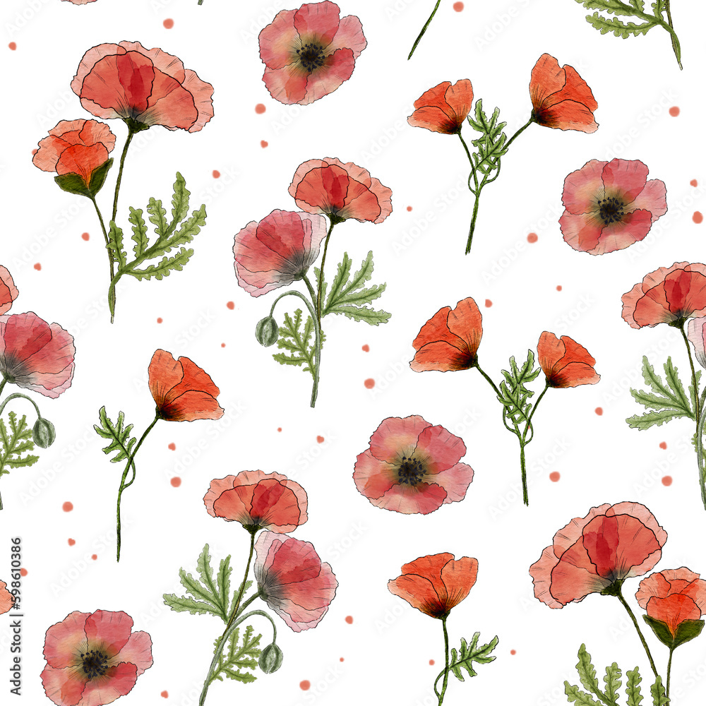 Fototapeta premium Watercolor seamless pattern with Red Poppy flowers. Hand drawn summer illustration. Design for dresses, textiles, gift wrapping and wallpaper.