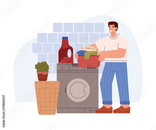 Happy man doing laundry, flat vector illustration isolated on white background.
