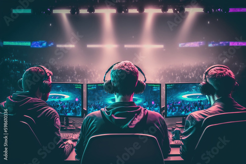 Tela Team of professional gamers competes at major cybersports championship in a stadium with a lot of fans
