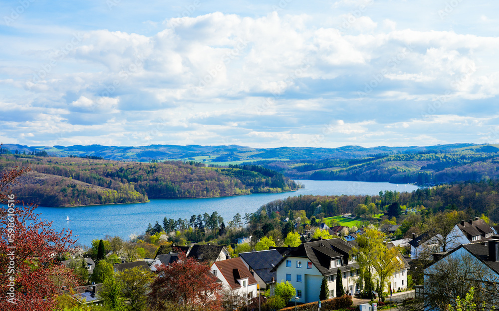 View of Langscheid near Sundern. Landscape at the Sorpesee in the Sauerland with the surrounding nature.
