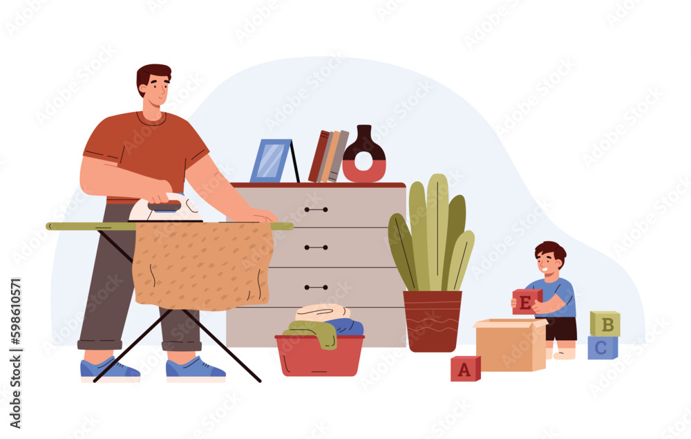 Man ironing clothes and watching after child flat vector illustration isolated. Man ironing clothes and watching after child flat vector illustration isolated.
