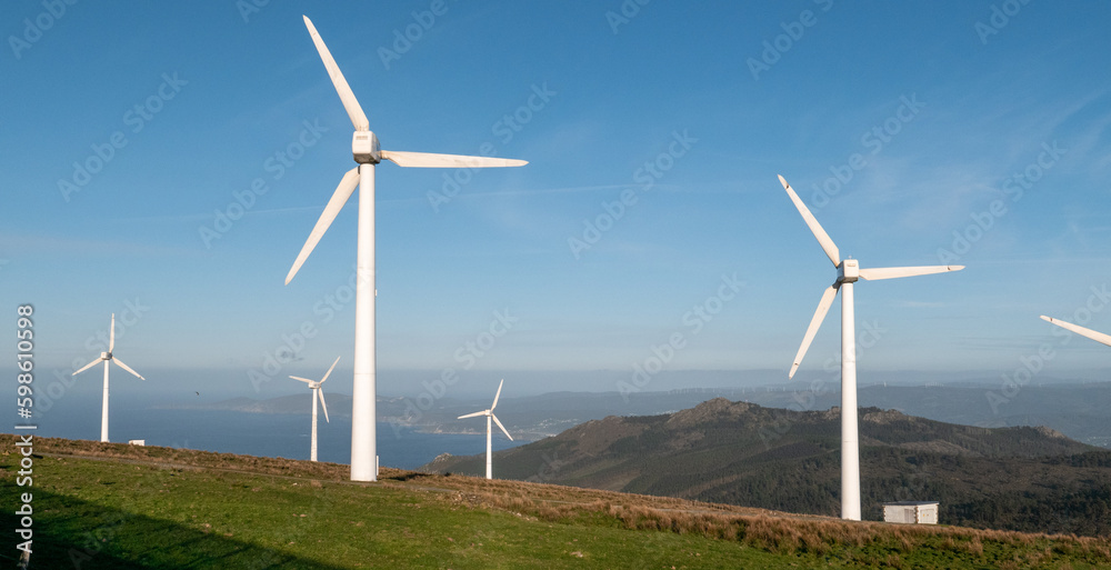 Meizoso, Galicia, Spain - April 2, 2023: Wind farm near 