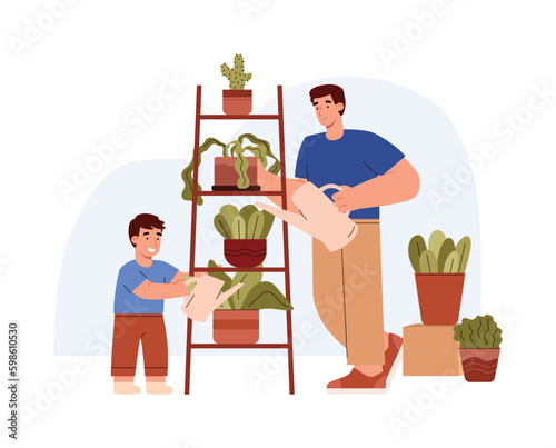 Adult man with little son watering flowers flat style, vector illustration