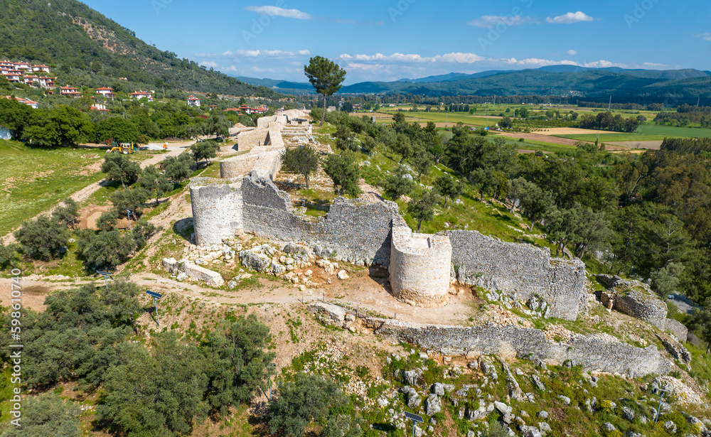 Idyma Castle. View over Gokova village in Mugla province of Turkey. Akyaka Castle.