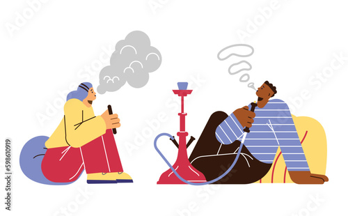 Young boy and girl smoking hookah and relaxing flat style