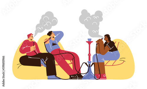 People chilling in lounge bar and smoking hookah, vector illustration isolated.