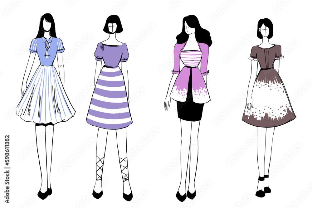 Set of Sketches of beautiful and diverse female fashion outfits.