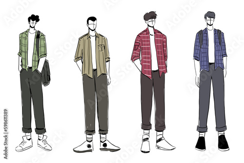 Set of Sketches of beautiful and diverse male fashion outfits.