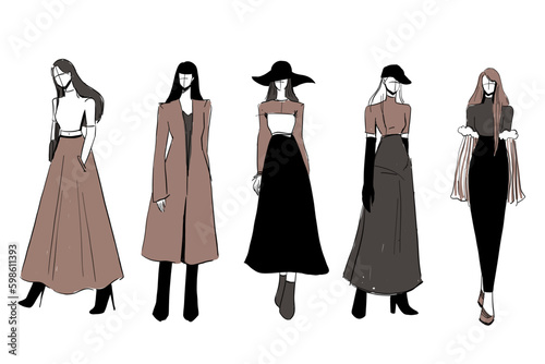 Set of Sketches of beautiful and diverse female fashion outfits.