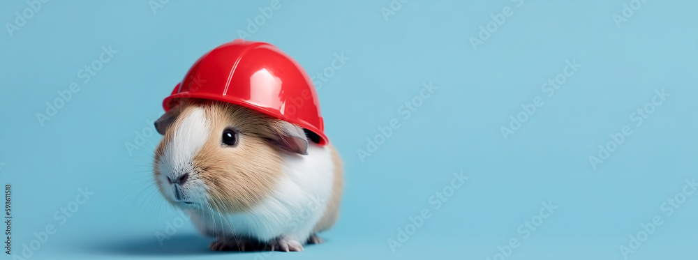 Guinea pig in a red builder's helmet on a pale blue background. Banner, place for text. AI generation - obrazy, fototapety, plakaty 