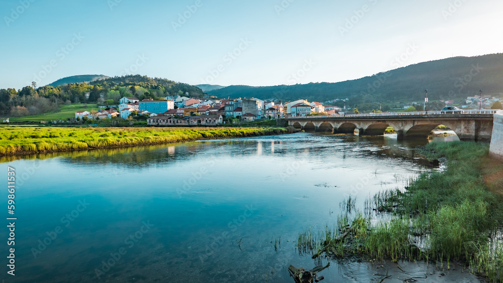 Noia, Galicia, Spain - April 4, 2023: General view of the town and River Vilacoba