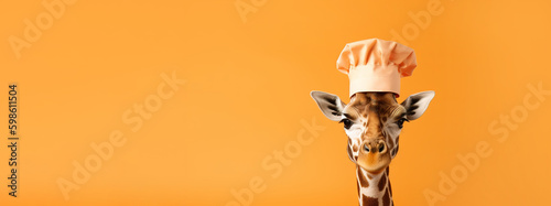 Giraffe in a chef's hat on an orange background. Banner, place for text. AI generation