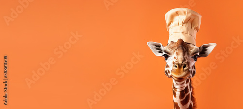 Giraffe in a chef's hat on an orange background. Banner, place for text. AI generation