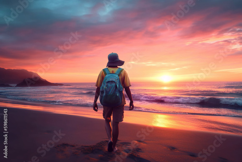 Lonely traveler on the beach looking on the sunset. Generative Ai
