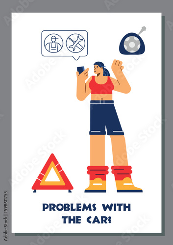 Woman calling for tow truck, poster template - flat vector illustration.