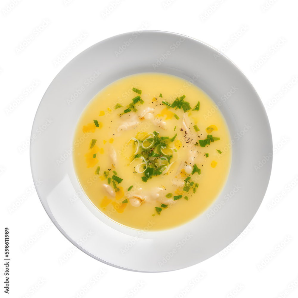Avgolemono Egg And Lemon Soup On White Plate, Greek Dish. On An Isolated Transparent Background, Png. Generative AI Avgolemono Egg And Lemon Soup On White Plate, Greek Dish. On An Isolated Transparent Background, Png. Generative AI