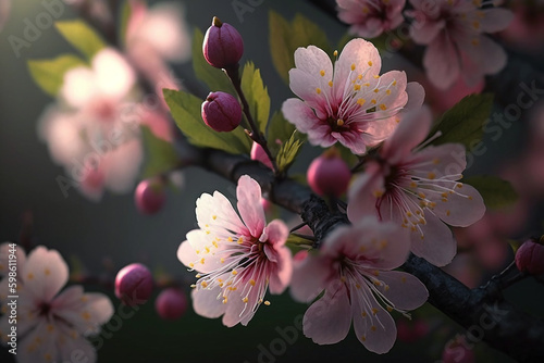 Sakura flowers blooming beautiful pink cherry blossom with generative AI technology