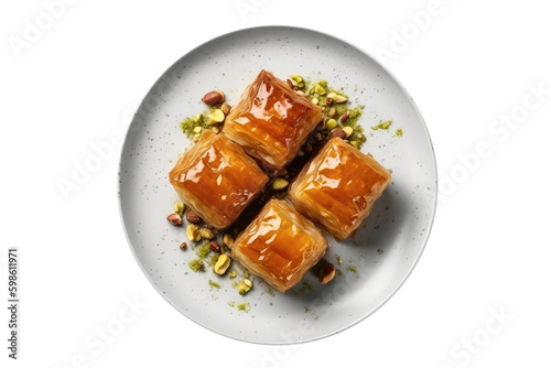 Baklava On White Plate, Turkish Dish . On An Isolated Transparent Background, Png. Generative AI photo