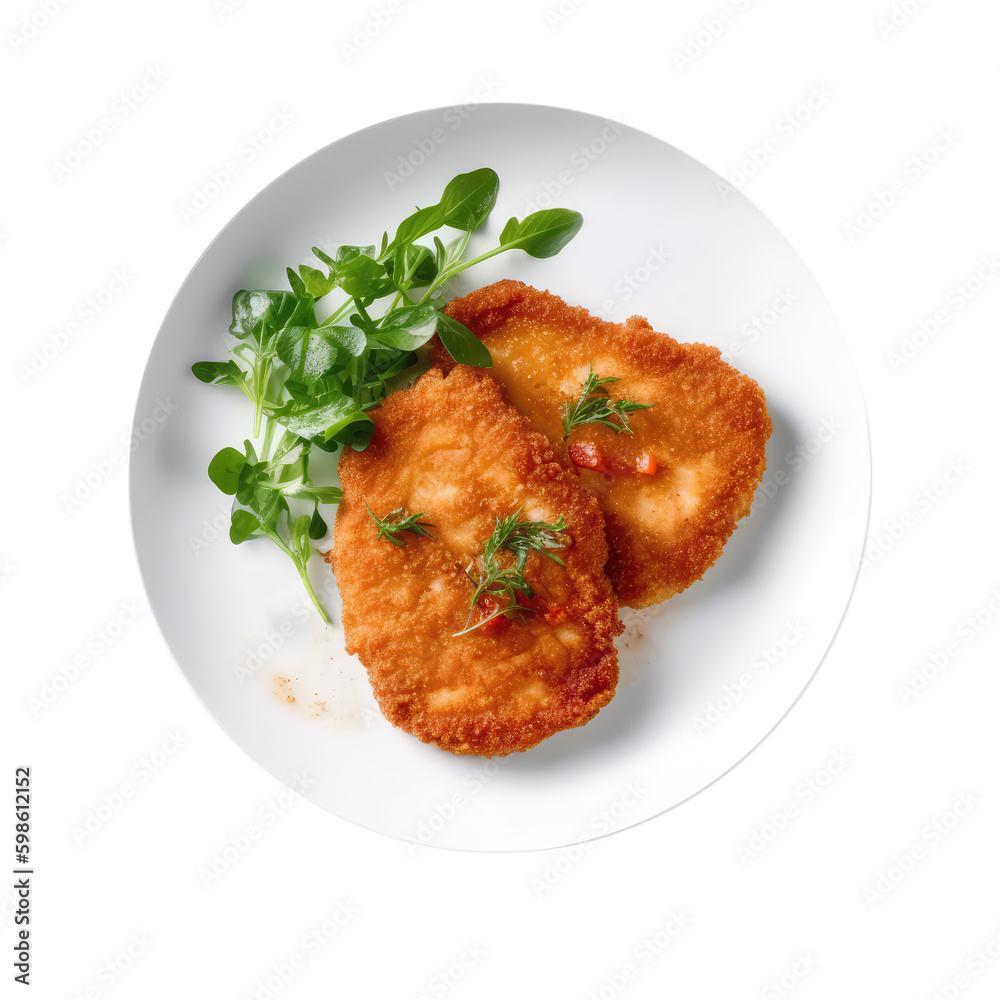 Escalope De Poulet On White Plate, French Dish. On An Isolated Transparent Background, Png. Generative AI Escalope De Poulet On White Plate, French Dish. On An Isolated Transparent Background, Png. Generative AI