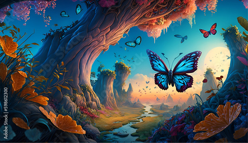  A fairy world in a bright dawn and fairies on butterflies with a blue sky