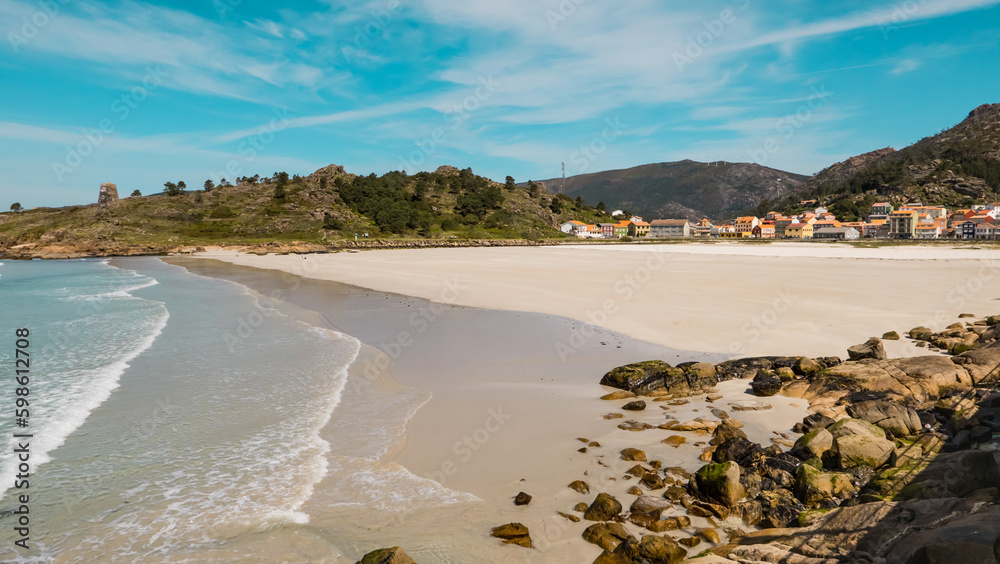 O Pindo, Galicia, Spain - April 5, 2023: Praia do Pindo (O Pindo Beach) in Costa da Morte (Coast of the Death) O Pindo, Galicia, Spain - April 5, 2023: Praia do Pindo (O Pindo Beach) in Costa da Morte (Coast of the Death)