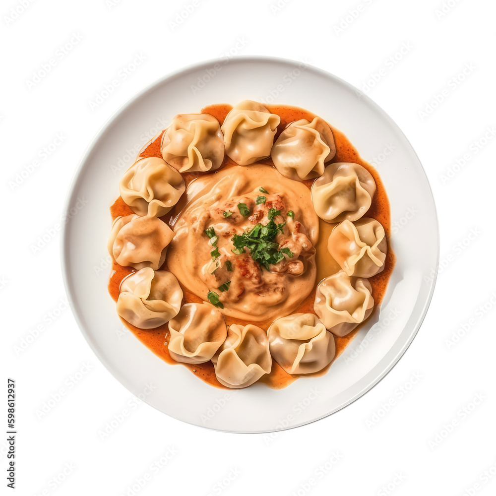Manti On White Plate, Turkish Dish . On An Isolated Transparent Background, Png. Generative AI