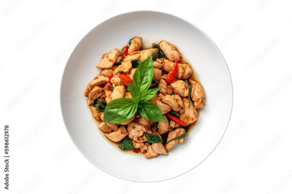 Pad Kra Pao Gai Stirfried Chicken With Basil On White Plate, Thai Dish. On An Isolated Transparent Background, Png. Generative AI