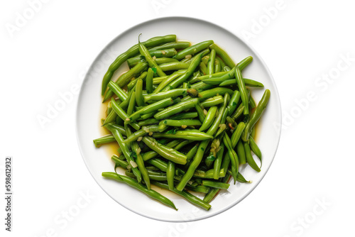 Loubieh Bi Zayt Green Beans In Olive Oil On White Plate, Lebanese Dish. On An Isolated Transparent Background, Png. Generative AI photo