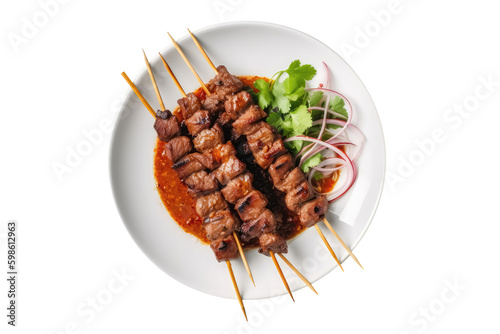 Moo Satay Grilled Pork Skewers On White Plate, Thai Dish. On An Isolated Transparent Background, Png. Generative AI