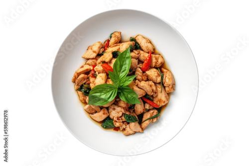 Pad Kra Pao Gai Stirfried Chicken With Basil On White Plate, Thai Dish. On An Isolated Transparent Background, Png. Generative AI