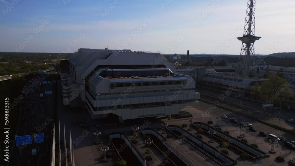 Berlin City Exhibition center icc afternoon. Magic aerial top view flight drone Generative AI Berlin City Exhibition center icc afternoon. Magic aerial top view flight drone Generative AI