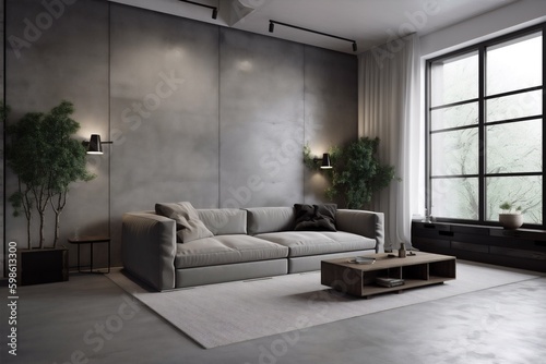 interior indoor concrete wall decor lamp comfortable light grey house home scandinavian stylish lifestyle. Generative AI. Generative AI