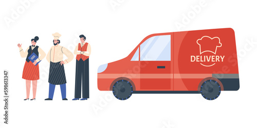 Catering service delivery car, flat vector illustration isolated on white background.