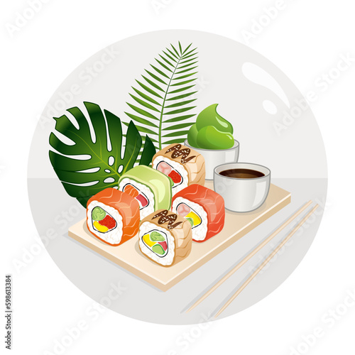 Sushi poster with uramaki and tropical plants. Vector illustration.