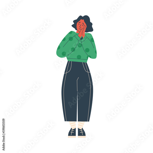 Woman experiences a pleasant surprise flat vector illustration isolated.