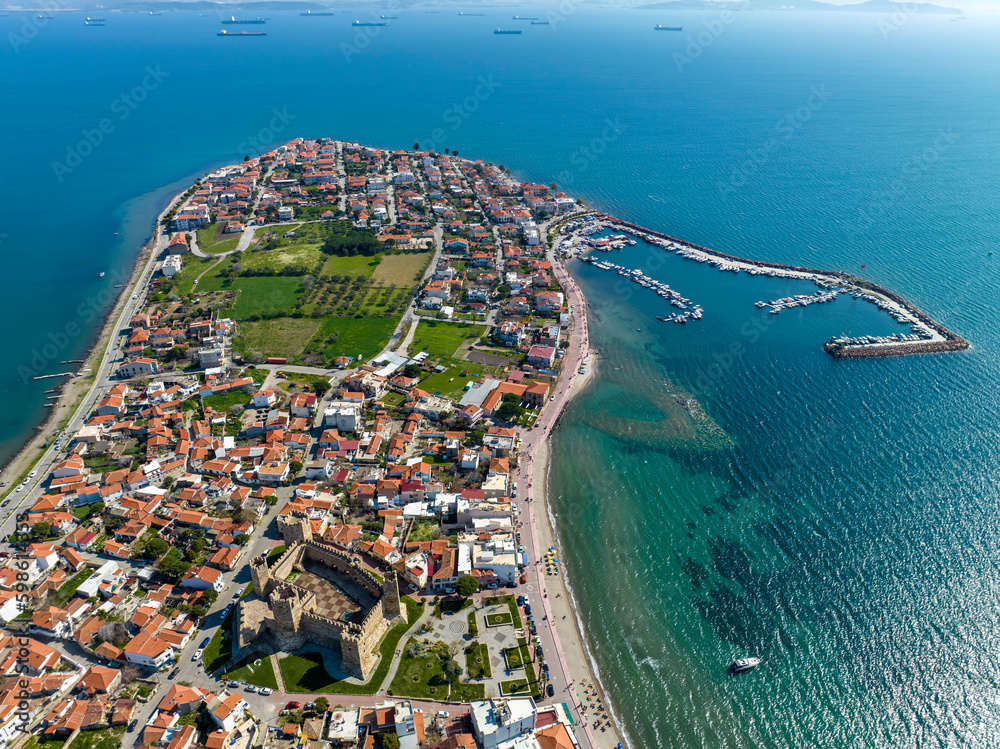 Ancient, old castle view with aerial drone. Now the castle in Candarli