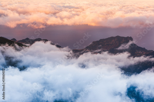 Mountains landscape with fod and clouds in Madeira, Portugal