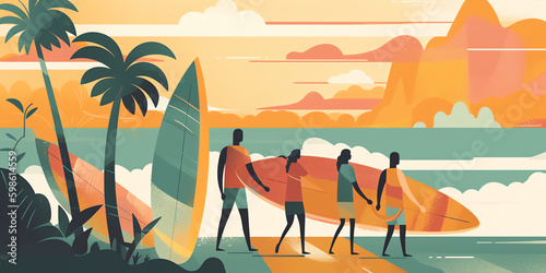 A family carries surfboards to the beach  with palm trees and ocean waves in the background. Bold lines and bright colors  flat style. Generative AI.