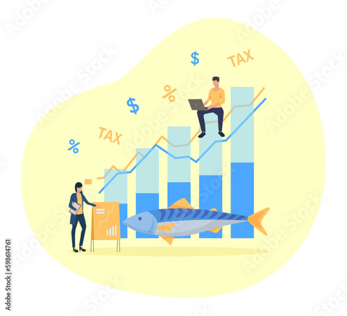 Tiny people with tax on salmon chart vector illustration. Cartoon drawing of big salmon and graphs, increasing tax on fish. Seafood industry, aquaculture, environment concept Generative AI