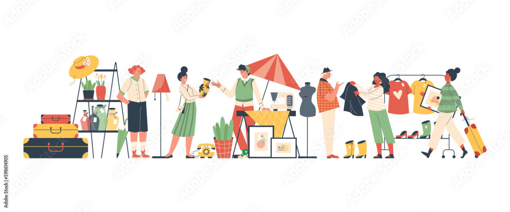 Flea market, customers and sellers characters flat style, vector illustration - obrazy, fototapety, plakaty 