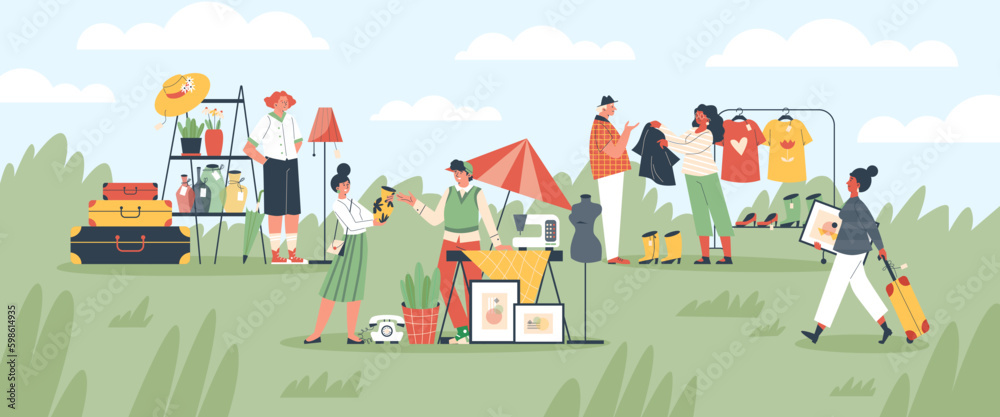 Flea market used goods background with people flat vector illustration.