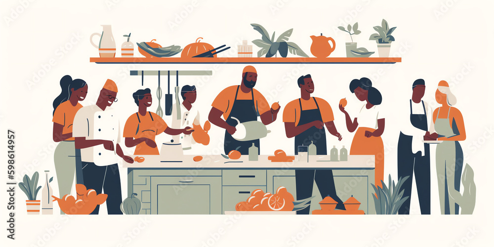 Fototapeta premium Friends laugh and chop veggies on a white background, while a chef teaches them to make gourmet meals. Flat style illustration. Generative AI.